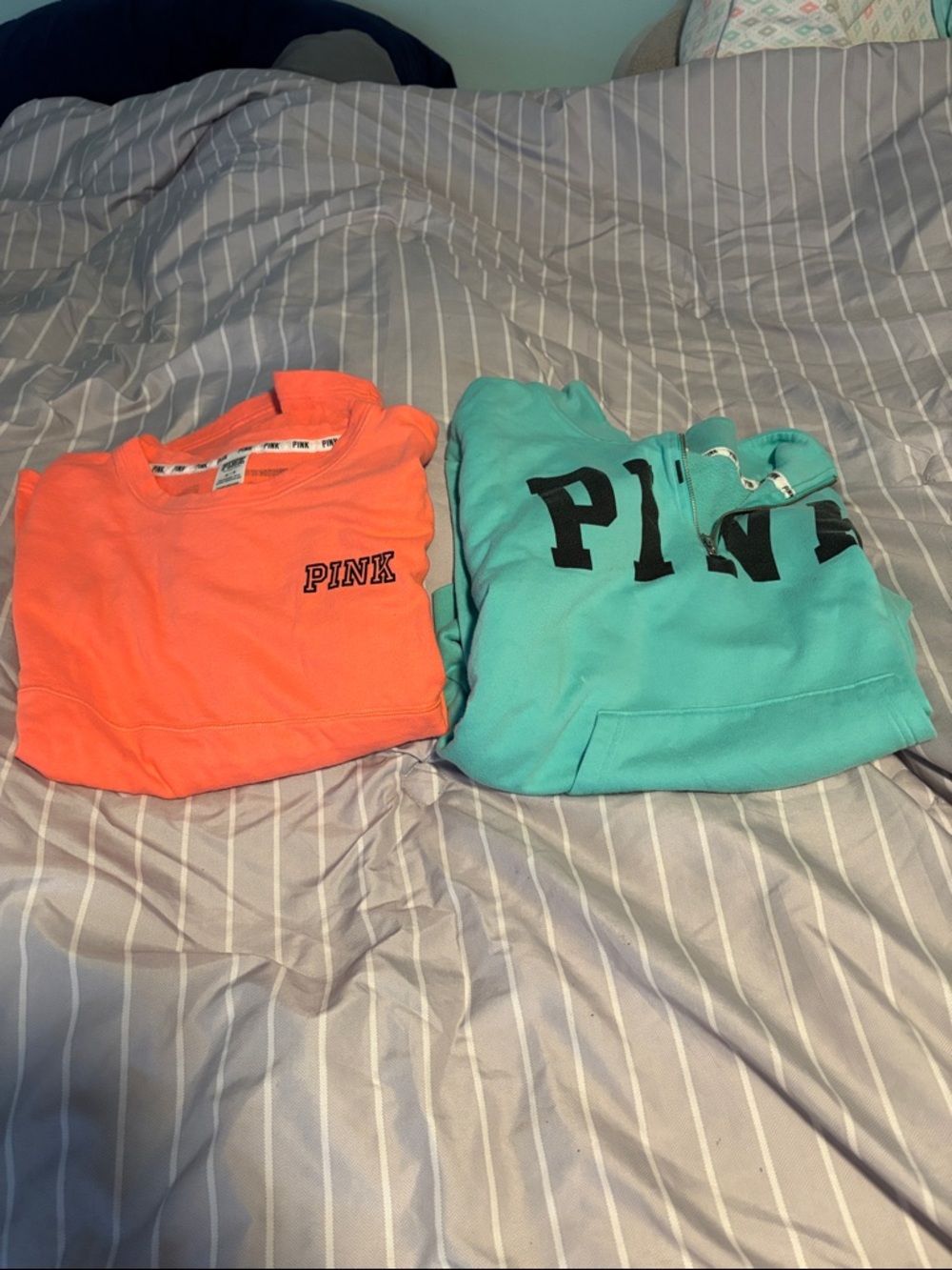 PINK Victoria's Secret Coral Crewneck & Teal Hoodie Set